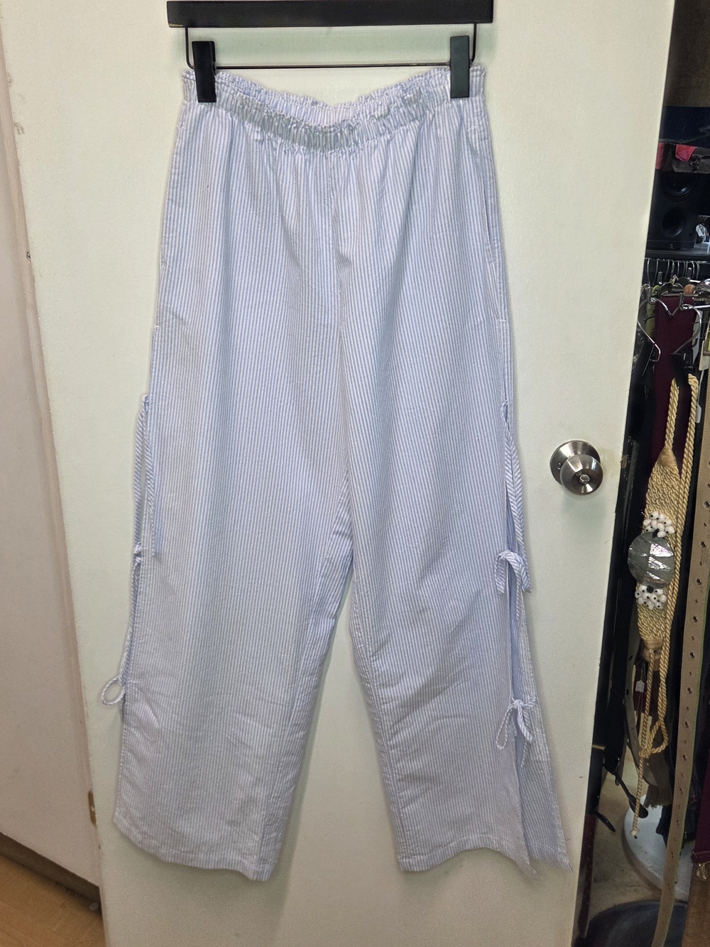 Cali 1850 Striped Side Tie Slit Wide Leg Pull On Pants Blue White Medium